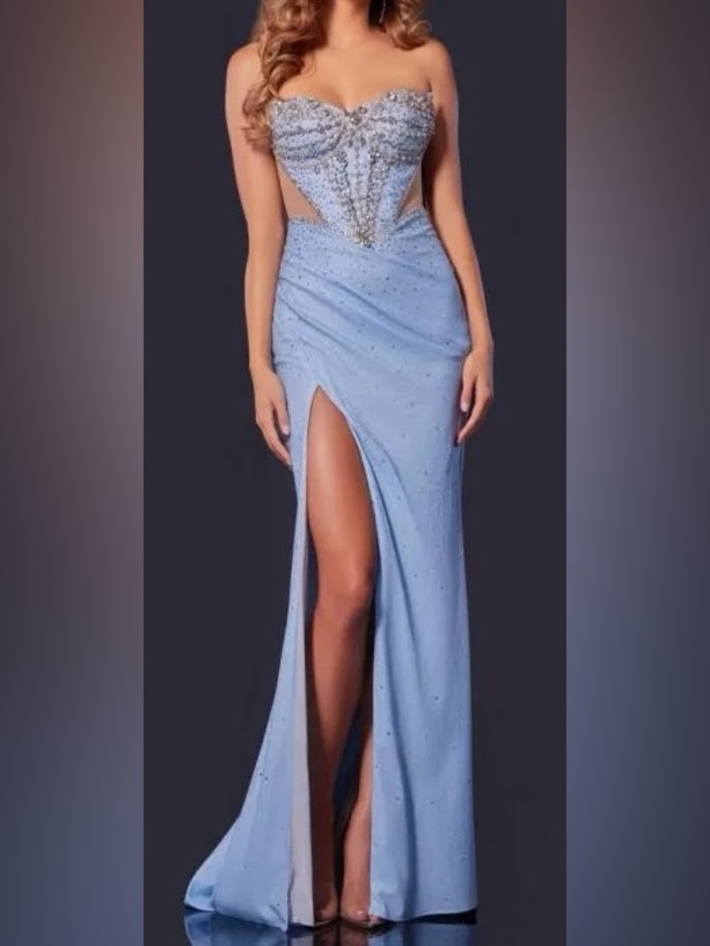 Jovani Strapless Beaded Light Blue Evening Gown with High Slit